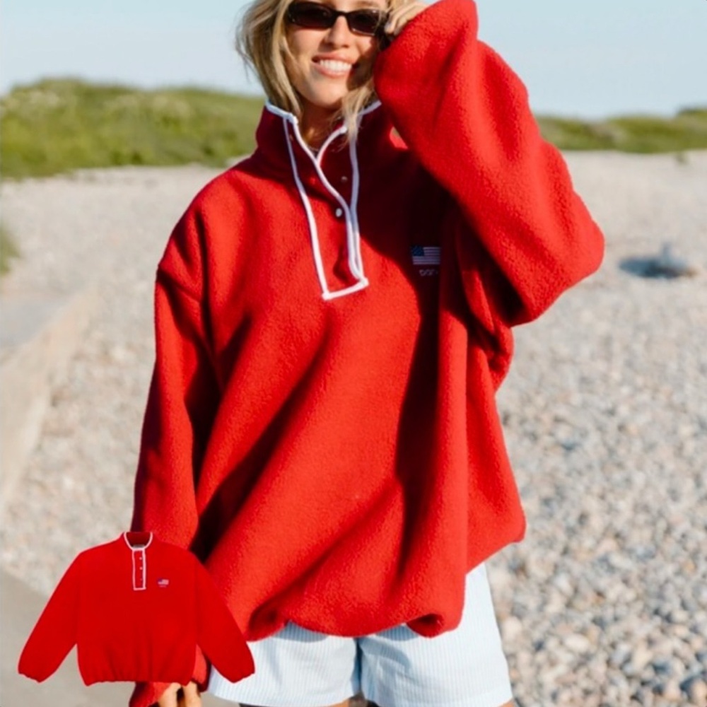 Vibrant Red Fleece Pullover with White Accents